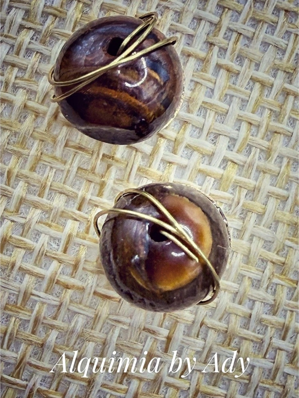 Tiger’s eye Brown & Gold Wire-Wrapped stud earrings